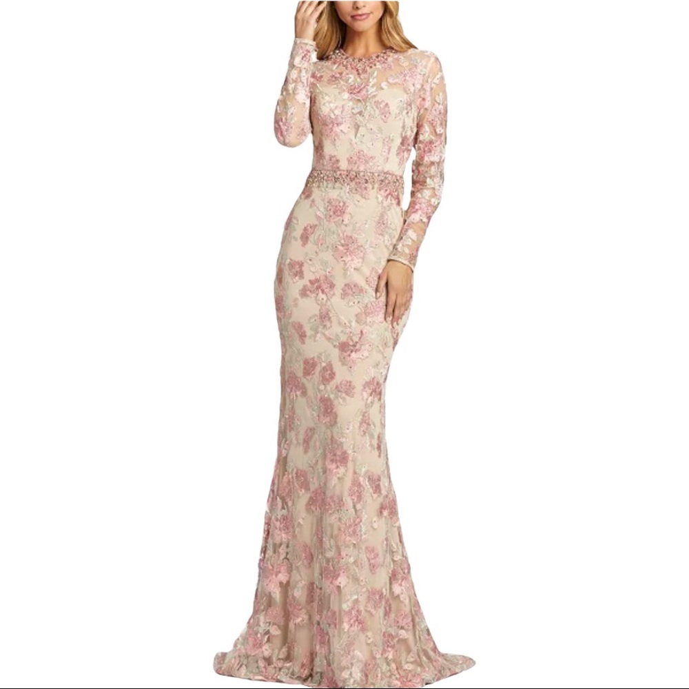 Mac Duggal Embroidered Floral Mesh Gown